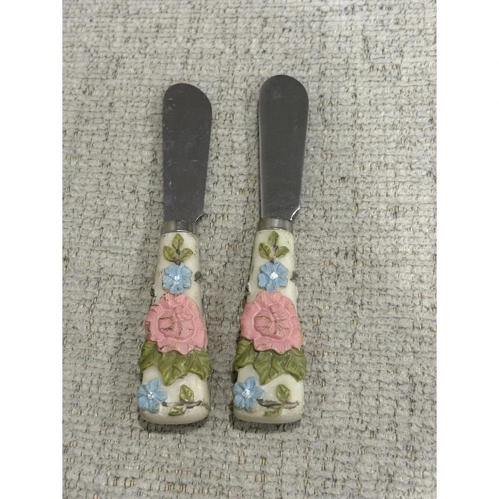 Pfaltzgraff Tea Rose‎ Floral Spreaders Set of 2 Dip Jam Cheese Knives